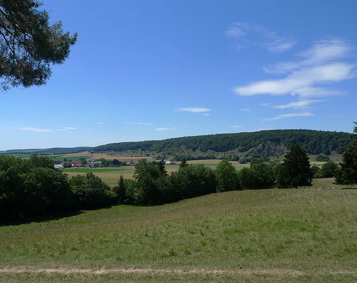Blick auf die Mauerner Höhlen Grüne Wiesen und Bäume sieht man bei dem Ausblick über die Mauerner Höhlen.
