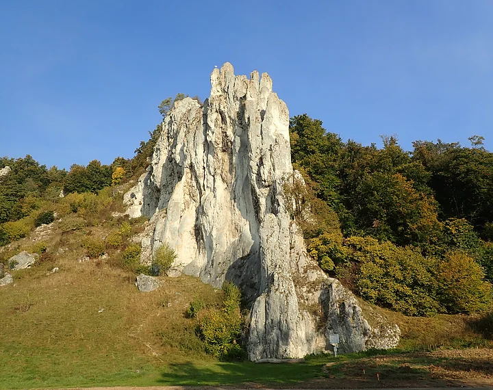 Der Dohlenfelsen inmitten grüner Wiesen und Bäumen. Der Himmel strahlt wolkenlos.