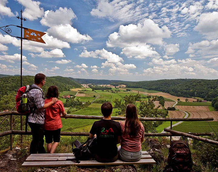 Vier Personen mit Rucksäcken blicken von einem Aussichtspunkt auf grüne Felder und bewaldete Hügel unter blauem Himmel.